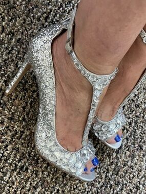 Crystal T-Strap Silver Glitter High Heels